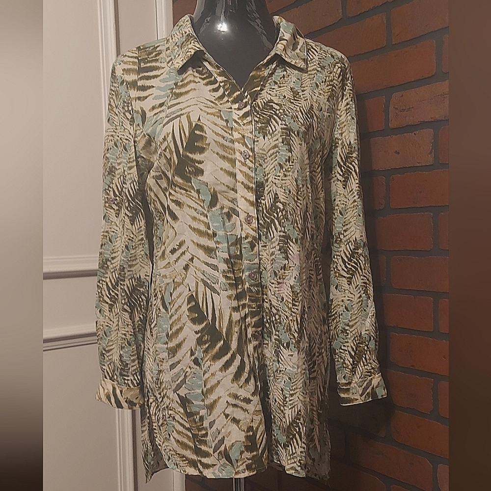Boho Resort Style Leafy Print Eric Alexandre Sz Medium Button-Up Shirt Coastal